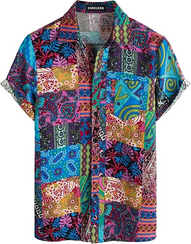PARKLEES Camisa para hombres de algodón y lino con patrón vintage estampado estilo antiguo