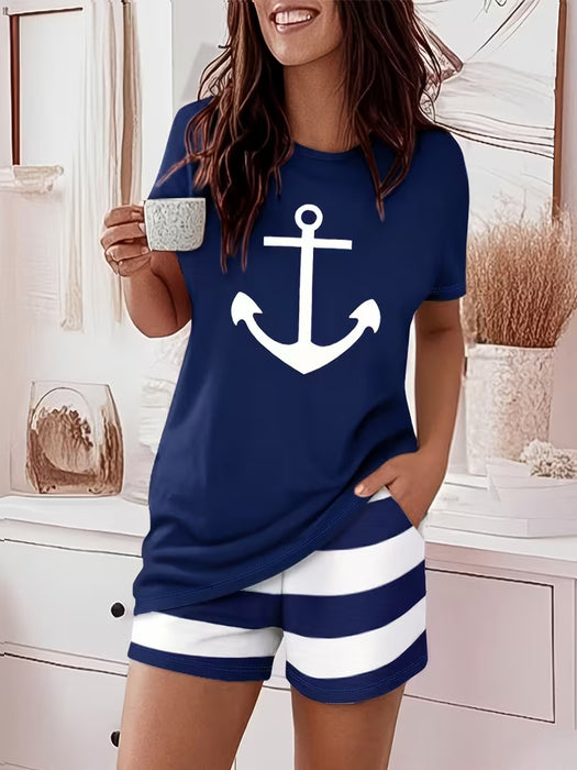 Conjunto de 2 piezas para mujer: camiseta de manga corta con estampado de ancla azul marino