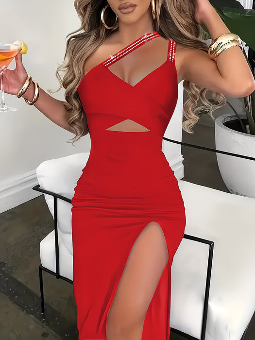 Vestido sexy de un solo hombro para mujer con adornos de diamantes de imitación, diseño calado y abertura alta