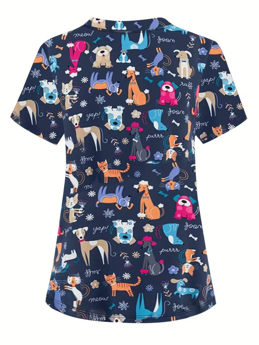 Camiseta Casual de Cuello en V para Mujer con Estampado de Perro Lindo