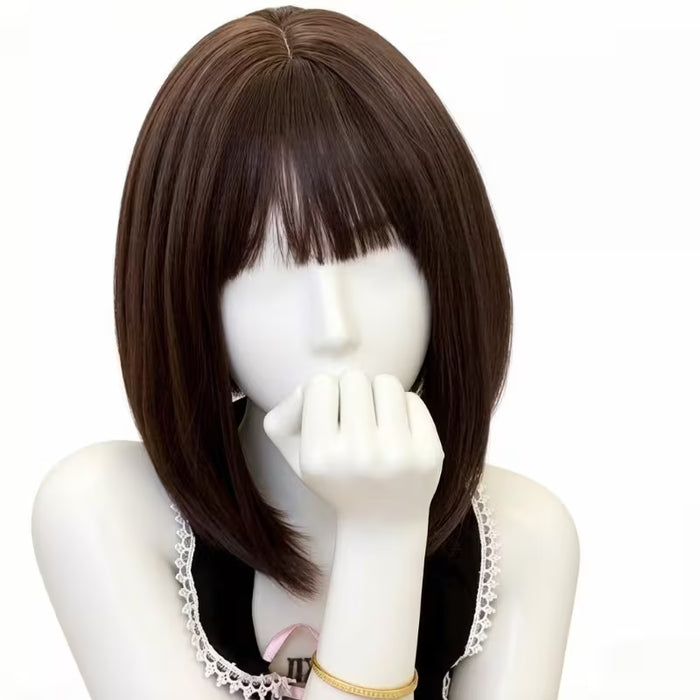 Peluca de mujer de pelo liso color burdeos corte bob pulgadas con flequillo