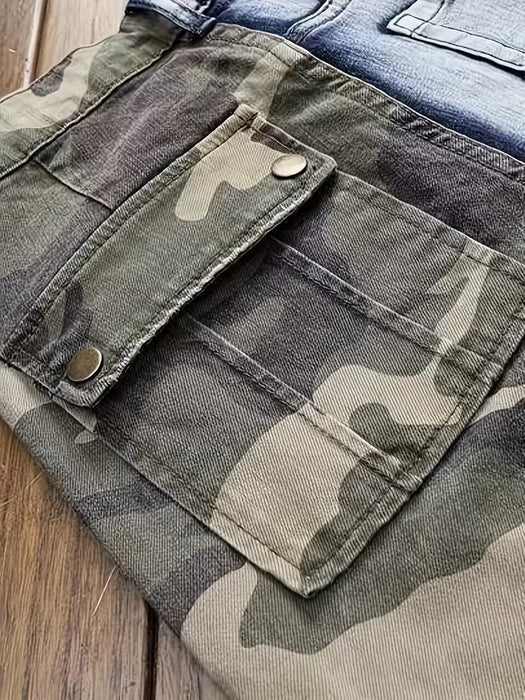 Jeans de trabajo de camuflaje con retazos, de ajuste entallado, elásticos y multibolsillos