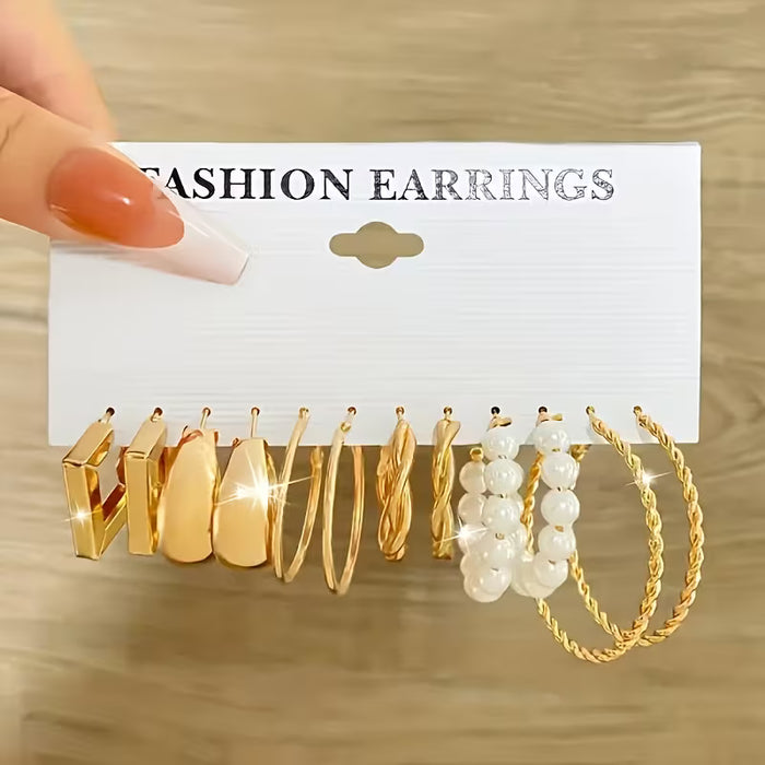 Juego de 12 pares de pendientes sencillos de metal con perlas y diseño geométrico