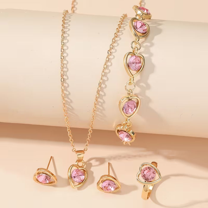 Conjunto de 4 piezas de moda: aretes de dije con corazón hueco, pulsera, collar y anillo