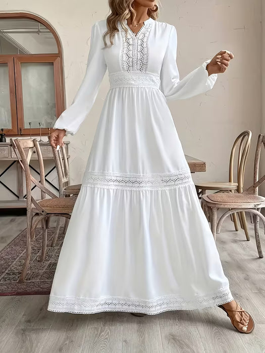 Vestido largo acampanado con encaje y aberturas, manga tipo farol, para mujer
