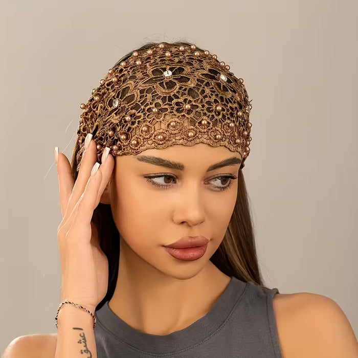 Diadema con Encaje y Perlas Artificiales | Banda Elástica para el Cabello, Accesorio de Cabello