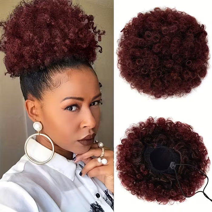 Extensiones de cabello estilo afro rizado y esponjoso, con diseño de coleta