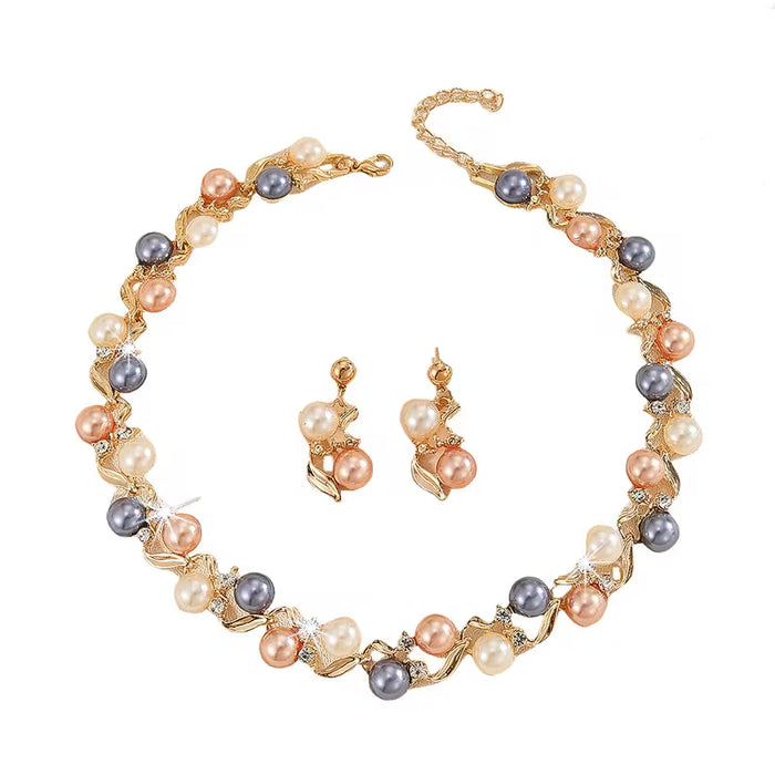 3 piezas/juego de collar y aretes de hojas vintage, flores y imitación de perlas exagerada
