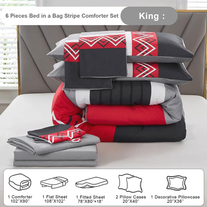 Juego de edredón Davulos tamaño King, 6 piezas, estampado geométrico rojo