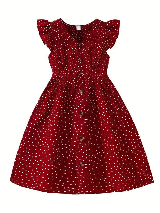Vestido para niñas, rojo vino con lunares, con botones, manga volante pequeña, cuello en V