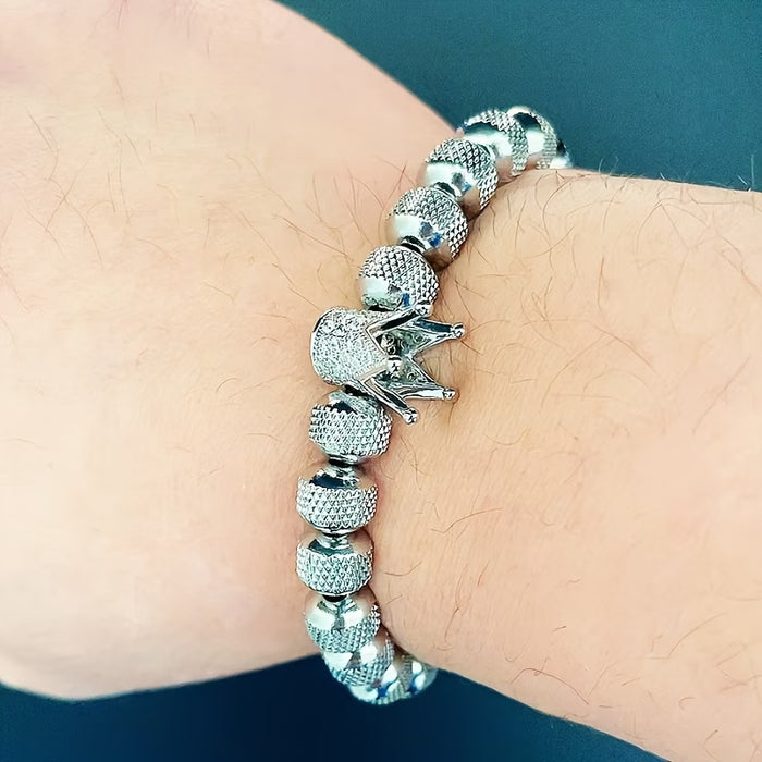1 pulsera de acero inoxidable para hombre con cuentas de CZ y dije de corona real