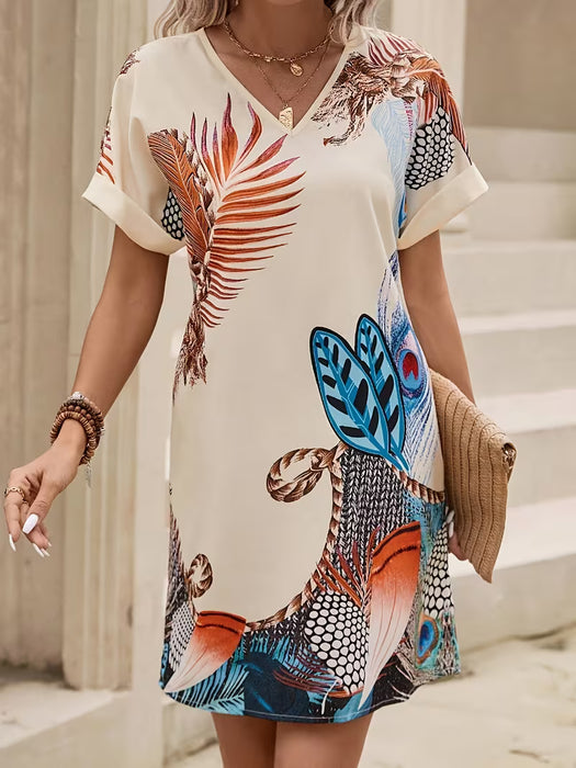 Vestido de manga murciélago con estampado tropical elegante, edición especial