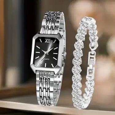 Juego de reloj y pulsera con diseño de cadena opulenta en forma de corazón de mujer