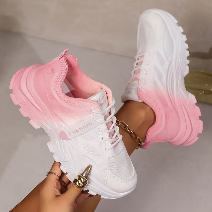 Zapatillas deportivas rosa de suela gruesa con plataforma y cordones para mujer