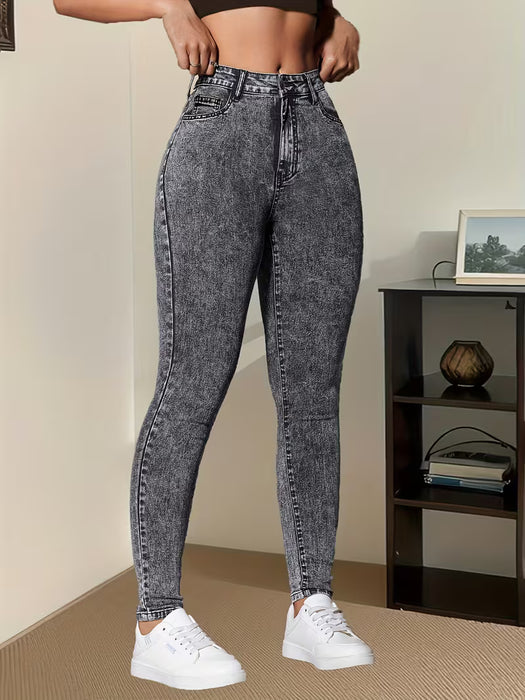 Jeans elegantes y ajustados para mujer con diseño de copos de nieve grises