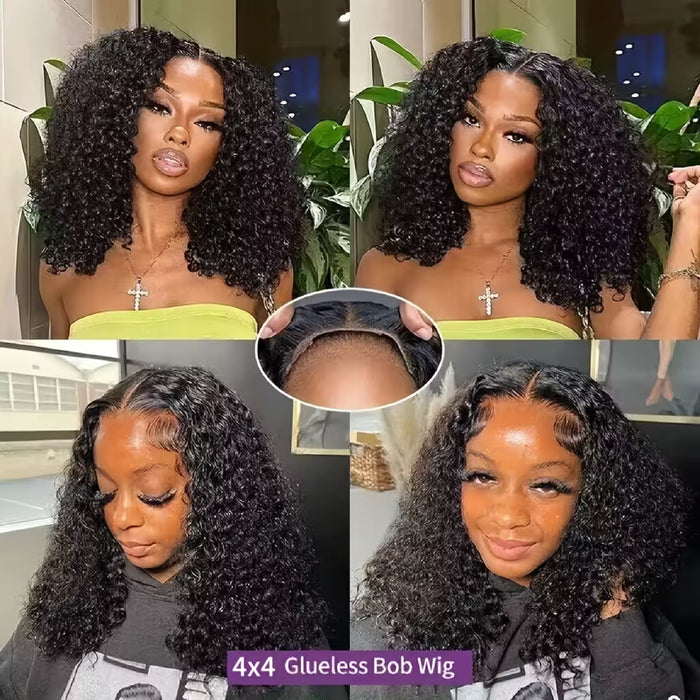Peluca Bob sin pegamento cabello rizado para mujeres 14 inch