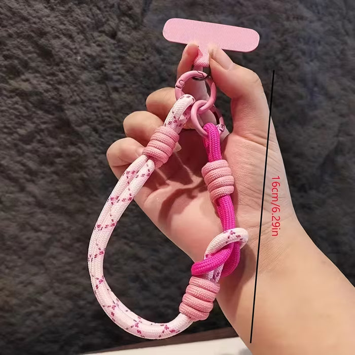 Correa de muñeca trenzada a bloques de color y llavero para teléfono