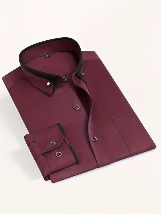 Camisa de hombre de color azul claro con cuello negro, manga larga, botones, estilo casual