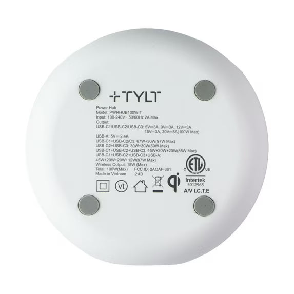 Hub PD multipuerto TYLT (100W) (USB-C/USB-A) con carga inalámbrica (PWRHUB100W-T)
