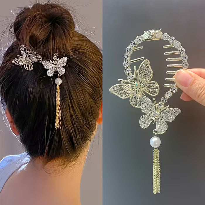 Pinza para el cabello con un diseño de mariposa de diamante, perlas huecas y borlas, perfecta para sujetar un moño