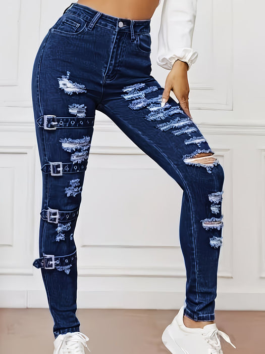 Jeans ajustados rotos con hebilla, versátiles, elásticos y modernos para mujer