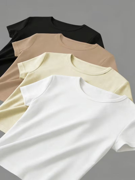 4 Camisetas de Manga Corta y Cuello Redondo, Color Sólido, Sencillas, Cómodas y Casuales