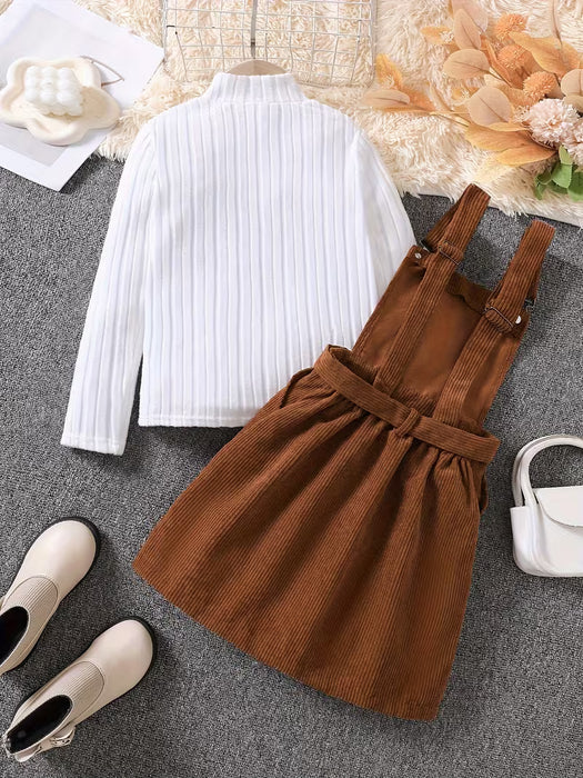 Conjunto Casual para Niñas: Top de Punto con Cuello Alto + Falda de Pana con Tirantes