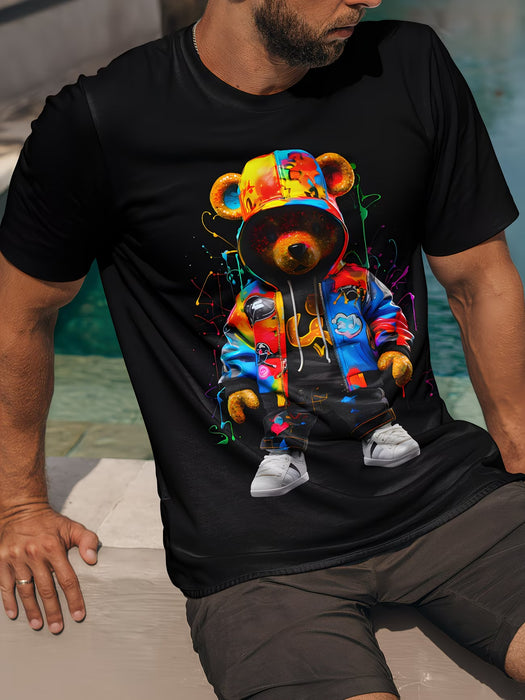 Camiseta de verano para hombre con estampado digital de oso colorido, deportiva y transpirable