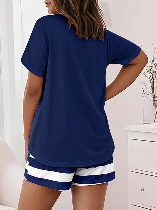 Conjunto de 2 piezas para mujer: camiseta de manga corta con estampado de ancla azul marino