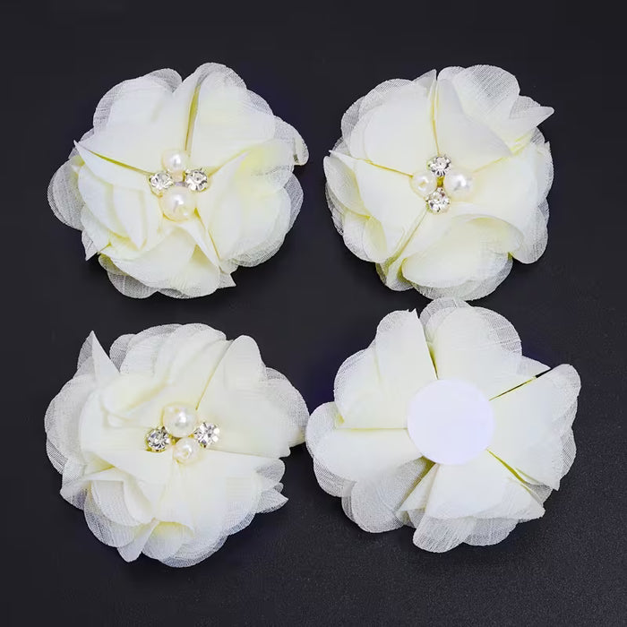 Conjunto de 4 Adornos de Flores de Gasa con Perlas de Imitación y Pedrería