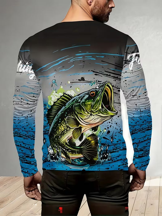 Camiseta Casual de Manga Larga para Hombre con Estampado Gráfico de Pesca