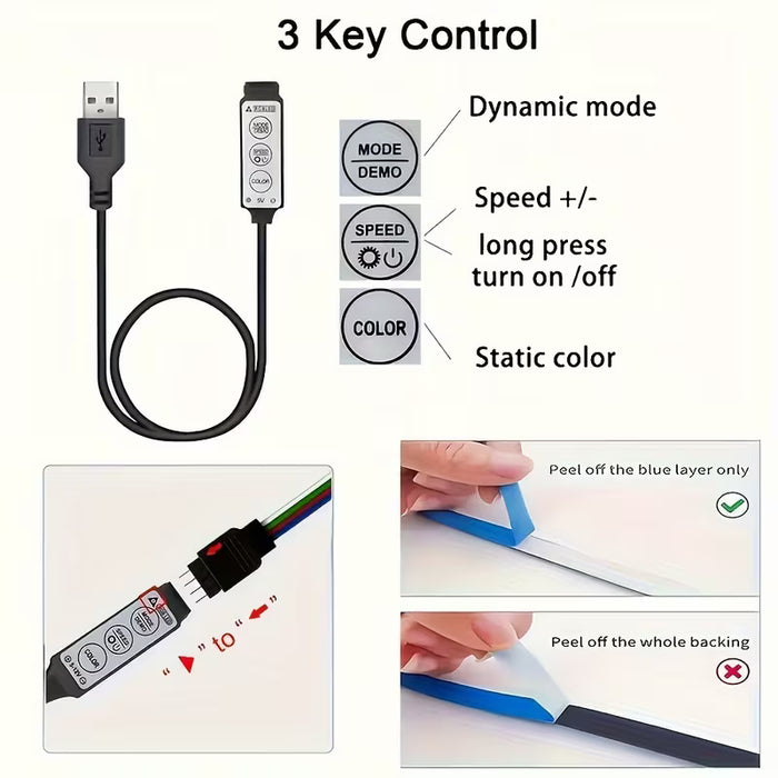Tiras de luces LED RGB de 3m USB multicolor cambiantes con mini controlador