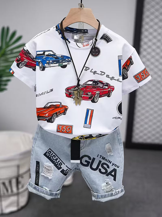 Camiseta de Manga Corta Casual con Estampado de Coche