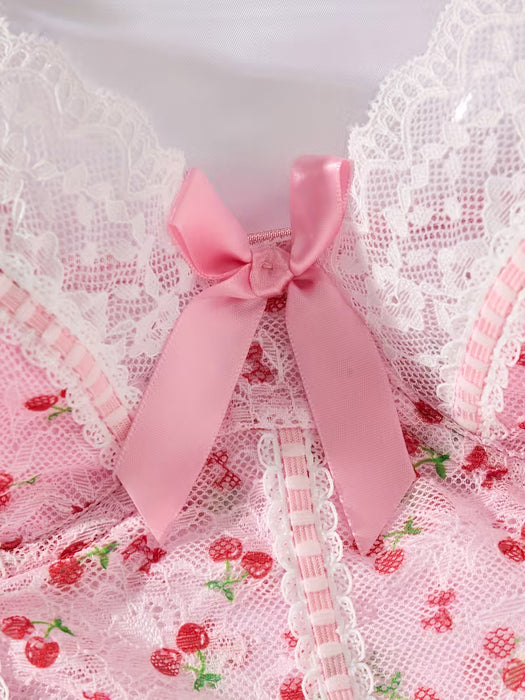 Pijama para Mujer, Estampado de Cerezas Rosas con Encaje Contrastante