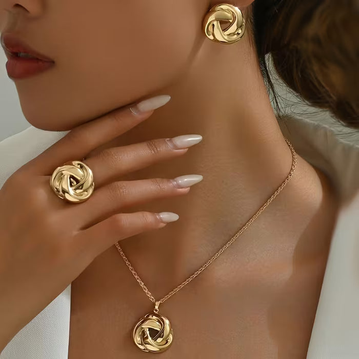 Juego de 3 piezas: Conjunto de collar, aretes y anillo para mujer con forma de rosa