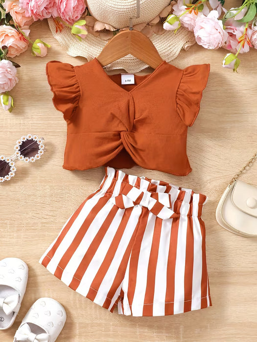 Conjunto de Top sin Mangas de Color Sólido y Shorts a Rayas para Niñas