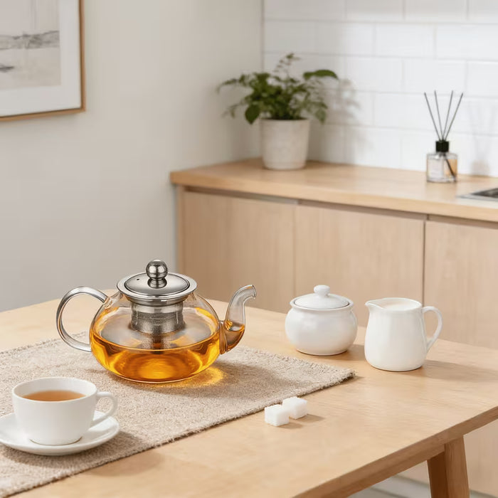 Tetera de vidrio transparente con colador de té y tapa, ideal para preparar té en casa
