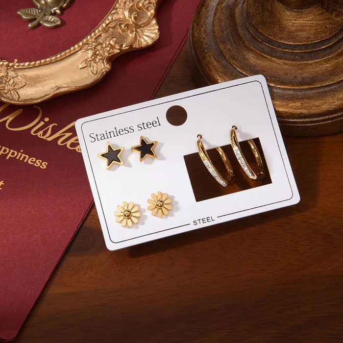 Tres Piezas De Aretes De Acero Inoxidable Con Serie De Margarita Y Estrella Para Mujer