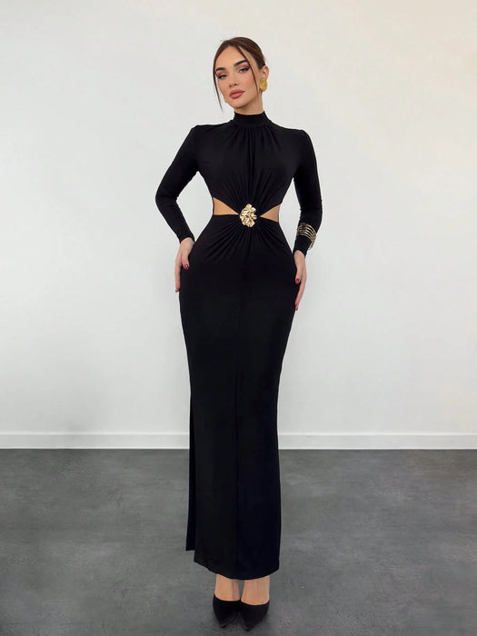 Aloruh Vestido negro de manga larga, elegante y con estilo, de cuello alto