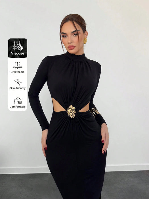 Aloruh Vestido negro de manga larga, elegante y con estilo, de cuello alto