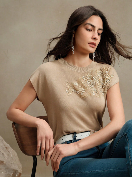 SHEIN Camiseta elegante de manga corta con cuello redondo y bordado de Anewsta