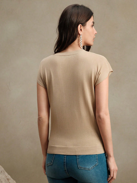 SHEIN Camiseta elegante de manga corta con cuello redondo y bordado de Anewsta