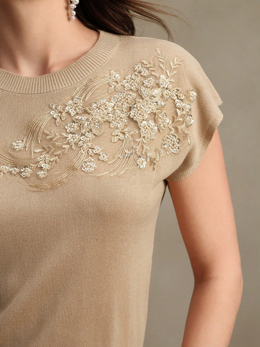 SHEIN Camiseta elegante de manga corta con cuello redondo y bordado de Anewsta