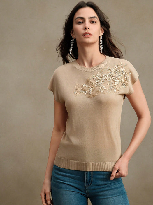 SHEIN Camiseta elegante de manga corta con cuello redondo y bordado de Anewsta
