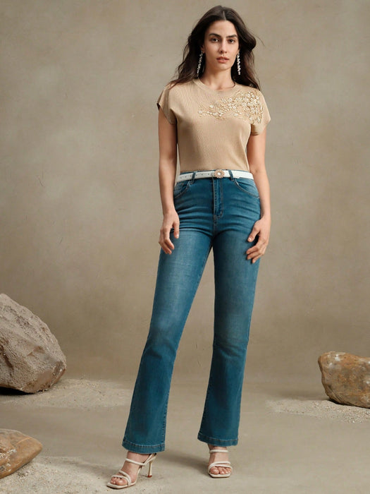 SHEIN Camiseta elegante de manga corta con cuello redondo y bordado de Anewsta