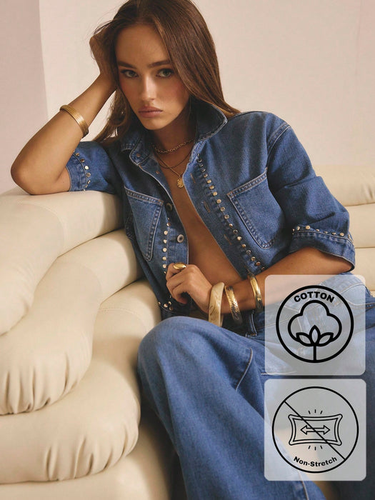 SHEIN Aralina Camisa de mezclilla con detalles de tachas, manga corta para invierno/verano