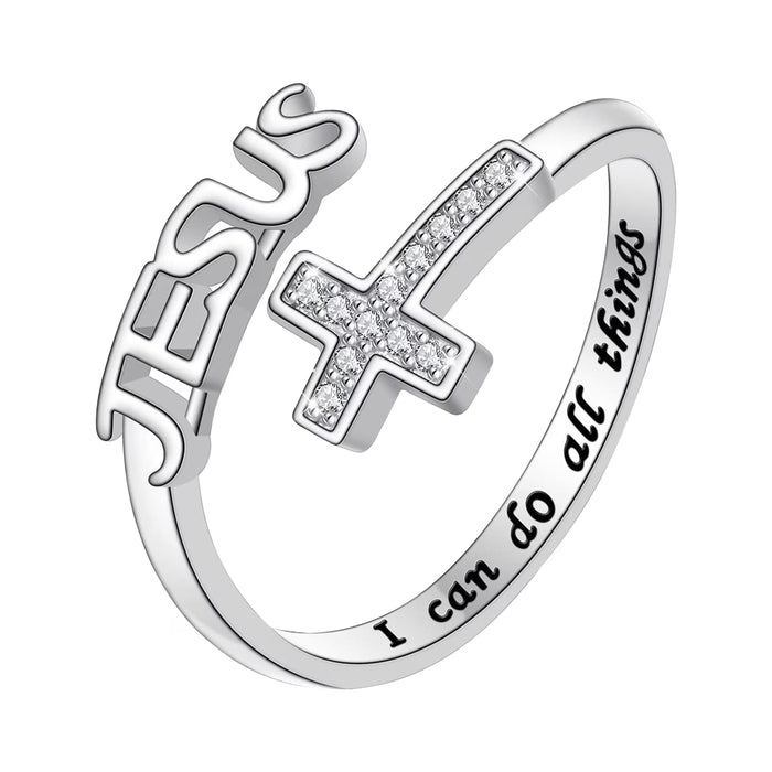 Exquisito anillo abierto de Color plateado con cruz de Jesús, joyería cristiana de circón