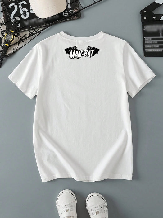 BATMAN X SHEIN Camiseta blanca cómoda e informal de manga corta con cuello redondo y estampado