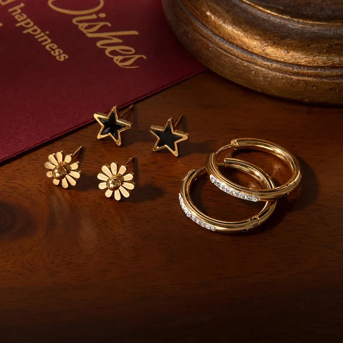 Tres Piezas De Aretes De Acero Inoxidable Con Serie De Margarita Y Estrella Para Mujer