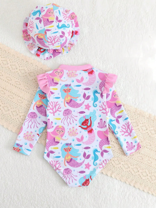 SHEIN Traje de baño de una pieza para bebé niña con estampado de sirena